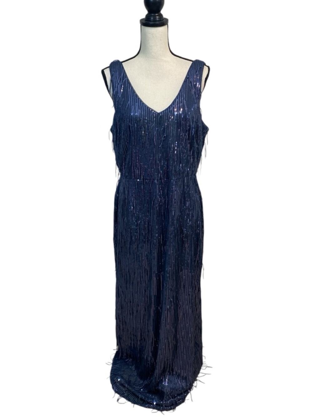 R&M Richards V-Neck Evening Formal Dress Deep Slate Sequins 14